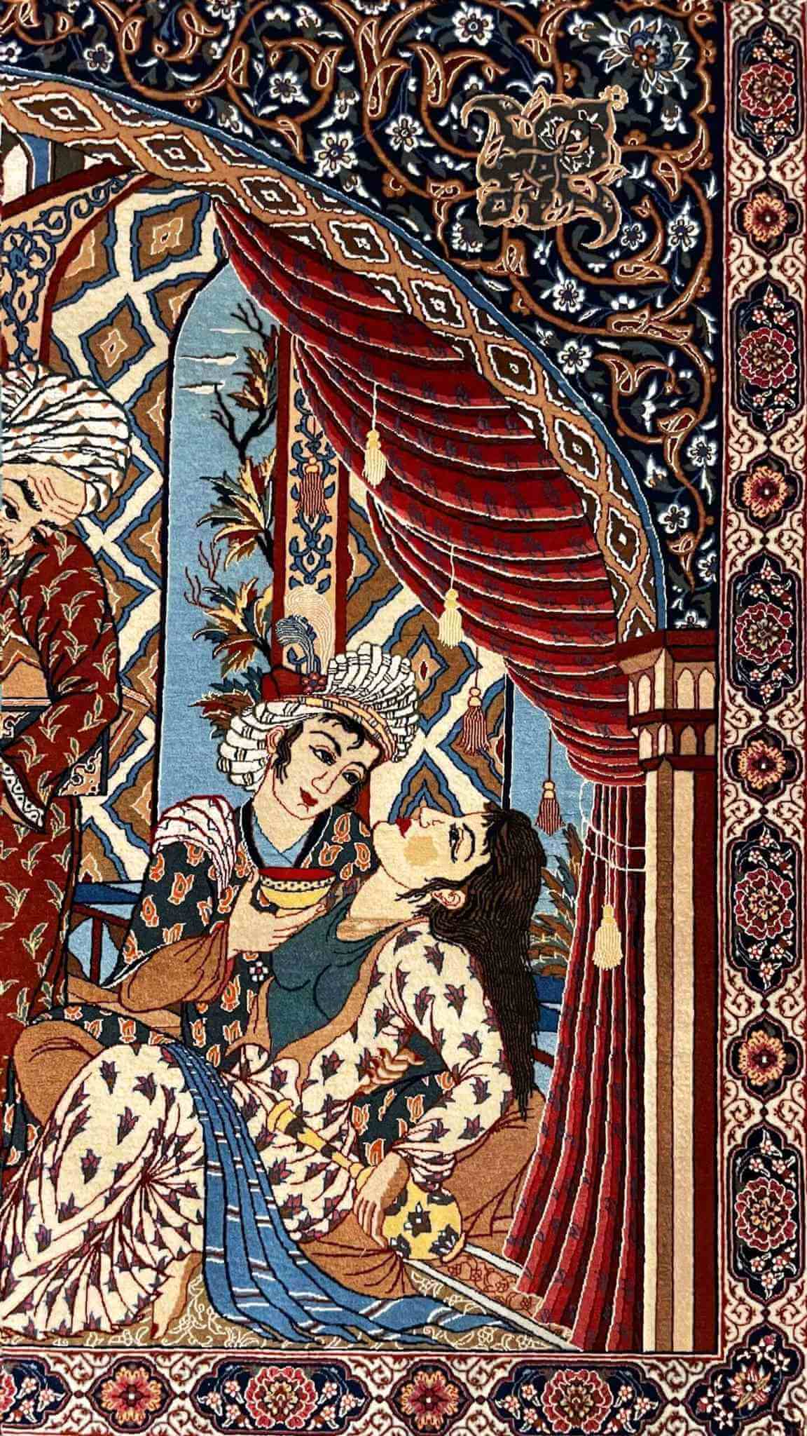 "Unique Seirafian rug for sale, featuring a combination of wool and silk, handmade in Isfahan, Iran."